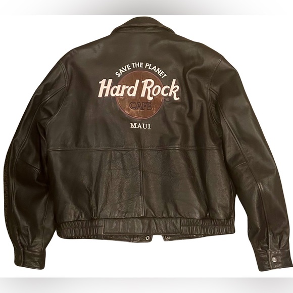 VINTAGE🍃99🍃HARD ROCK CAFE MAUI BROWN LEATHER BOMBER JACKET PURCHASED ON TRIP🍃 - Picture 1 of 12